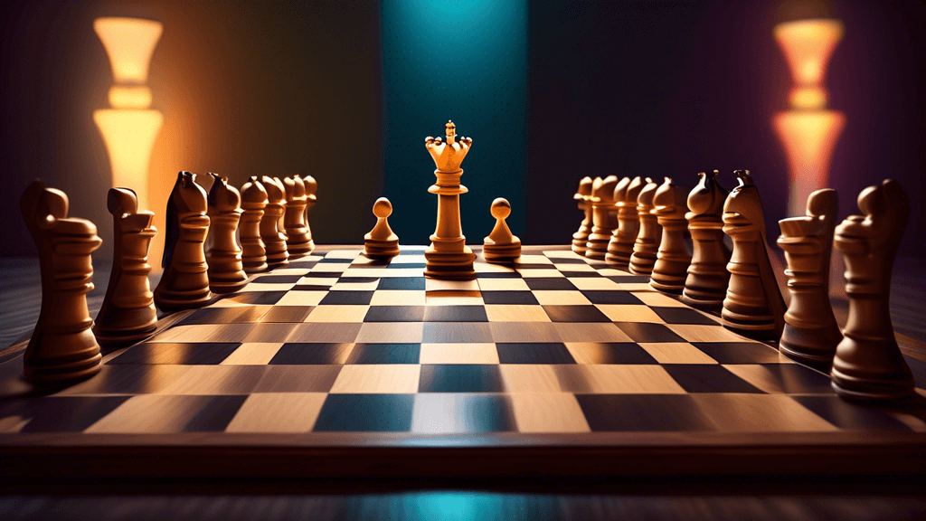An illustrative artwork of a traditional wooden chess board setup under soft lighting, featuring two queens on each side, each queen distinctly styled - one classic, one modern - to signify different