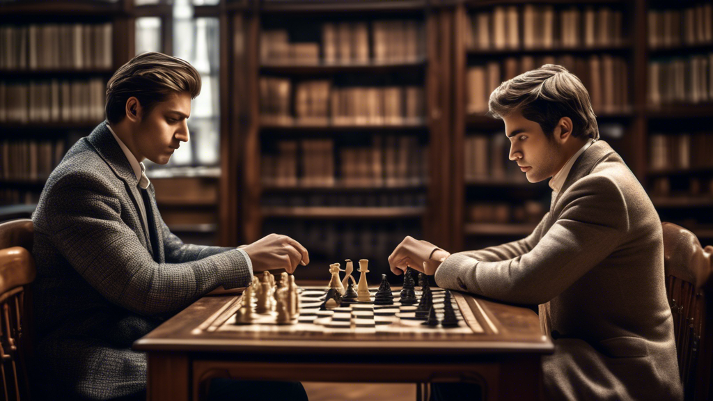 Two chess players, one wearing a traditional suit and the other in casual wear, sitting at an ornate wooden chess table. A classic chess board is set between them, and they are about to flip a silver