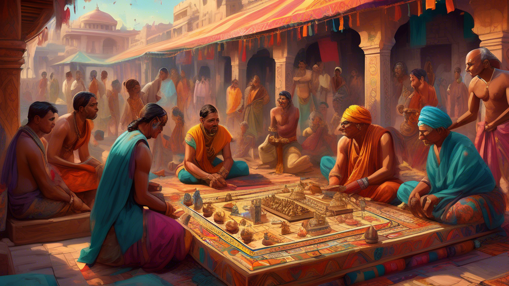A beautifully detailed digital painting of an ancient Indian marketplace during the Gupta Empire, with people of various ages gathered around a grandmaster, showcasing the early version of Chaturanga