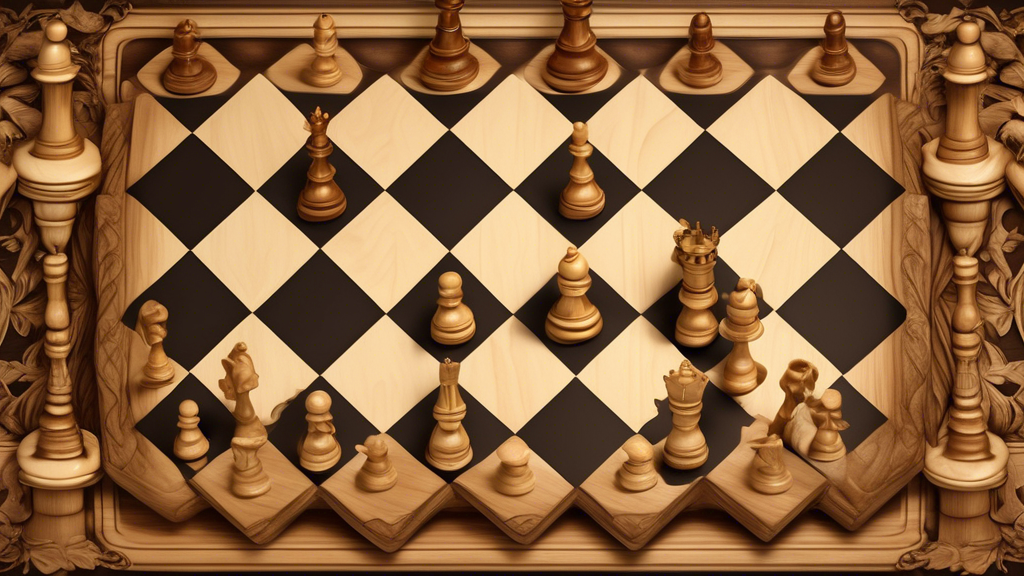 Create an image of an ornate wooden chessboard from a top view, with beautifully carved chess pieces arranged for the start of a game. Highlight each piece, especially the king and queen, with subtle