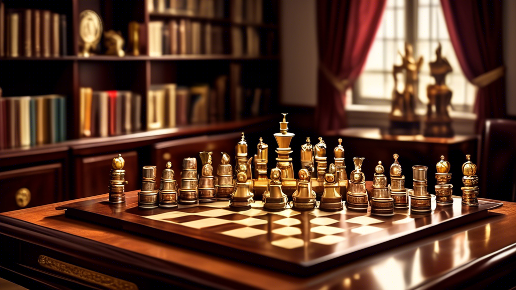 An elegantly crafted, luxurious world champion chess set displayed on a rich mahogany table, with gold and silver detailed pieces, in a sophisticated study room with shelves of classic books and soft