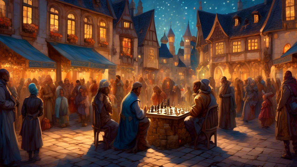 An enchanting medieval town square, bustling with people of various ages and ethnicities, each deeply engrossed in chess games. Ornate chess pieces come to life on large stone boards, with spectators