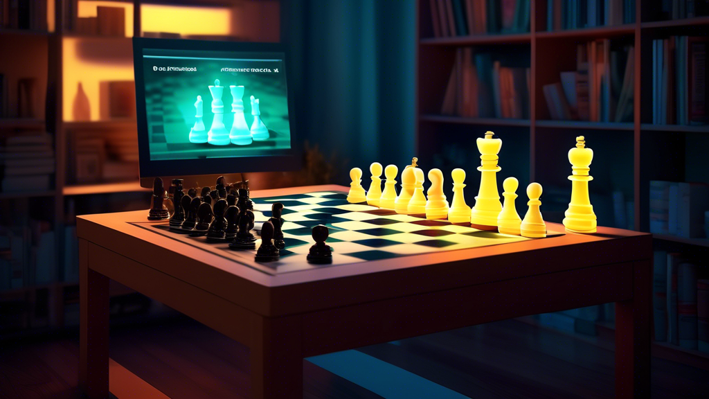An illustrated digital library filled with chess books and a glowing, modern computer screen displaying an interactive chess tutorial, flanked by virtual chess pieces that appear lively and ready for