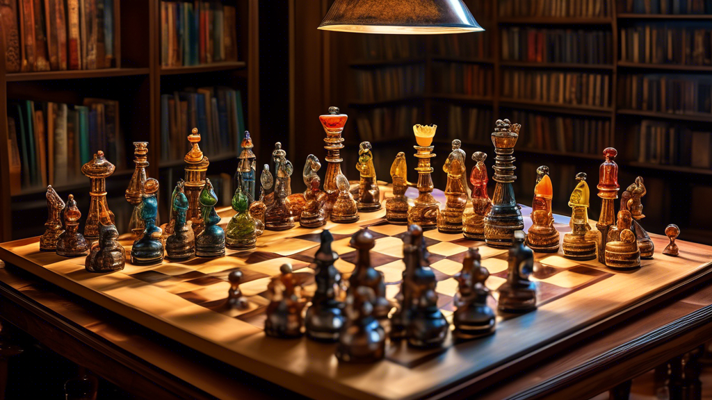 An artistically arranged display of diverse chess sets, featuring materials like glass, wood, and metal, and diverse styles like traditional Staunton, ornate Indian, and futuristic abstract, each set