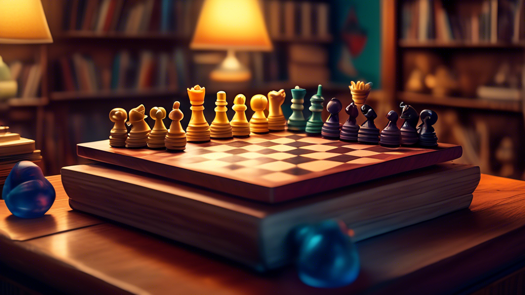 A detailed illustration of a vibrant chessboard, where each chess piece is uniquely designed after iconic movie characters from various blockbuster films, set against a softly blurred background of a
