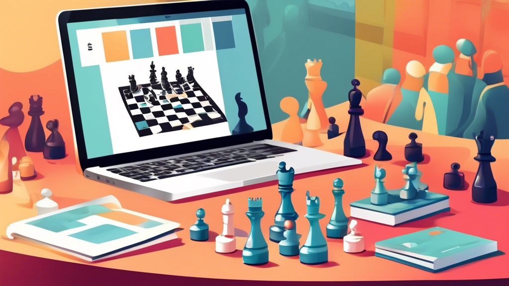 An inviting digital study space with an open laptop displaying a colorful, illustrated PDF guide titled 'Chess for Beginners', surrounded by chess pieces and a beginner practicing moves on a physical