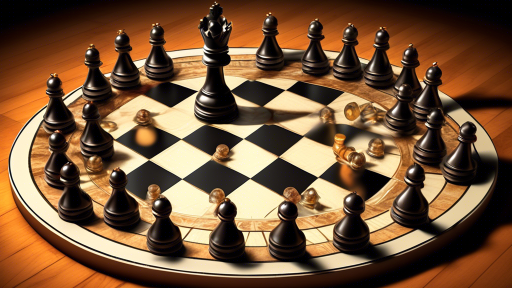 An intricate chessboard setting displaying several pawns forming a protective circle around a king, with highlighted emphasis on reinforced pawn collars, illustrated in a detailed, hyperrealistic art