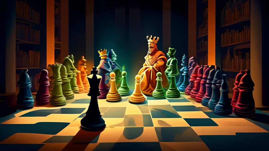 An illuminated chessboard under a spotlight, highlighting a king piece surrounded by pawns, in a dim, atmospheric room filled with chess strategy books, with diverse people of different ages and from