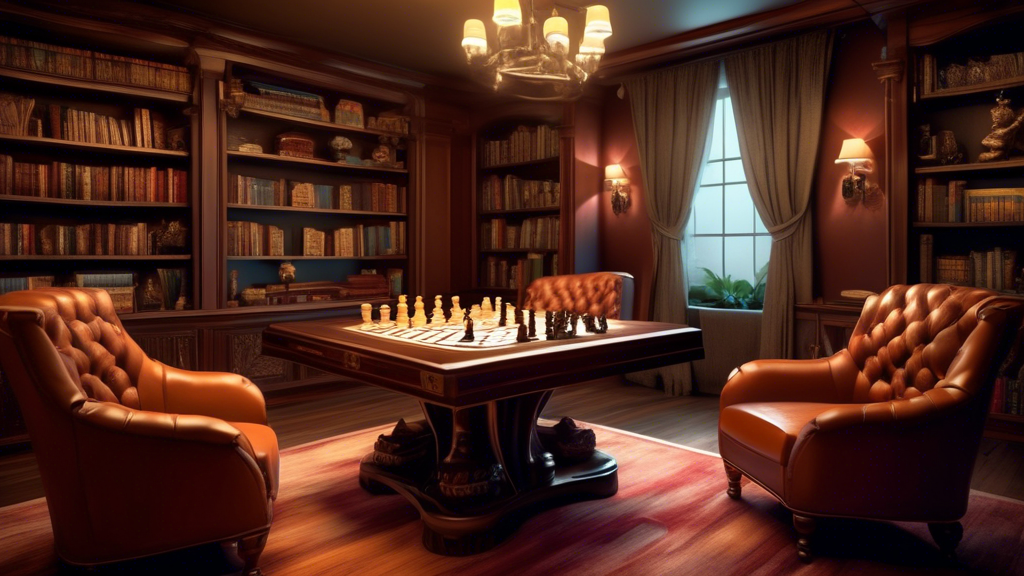An elegant and sophisticated gaming room featuring a luxurious, intricately carved wooden chess table, surrounded by plush leather chairs, soft ambient lighting, and shelves filled with classic books