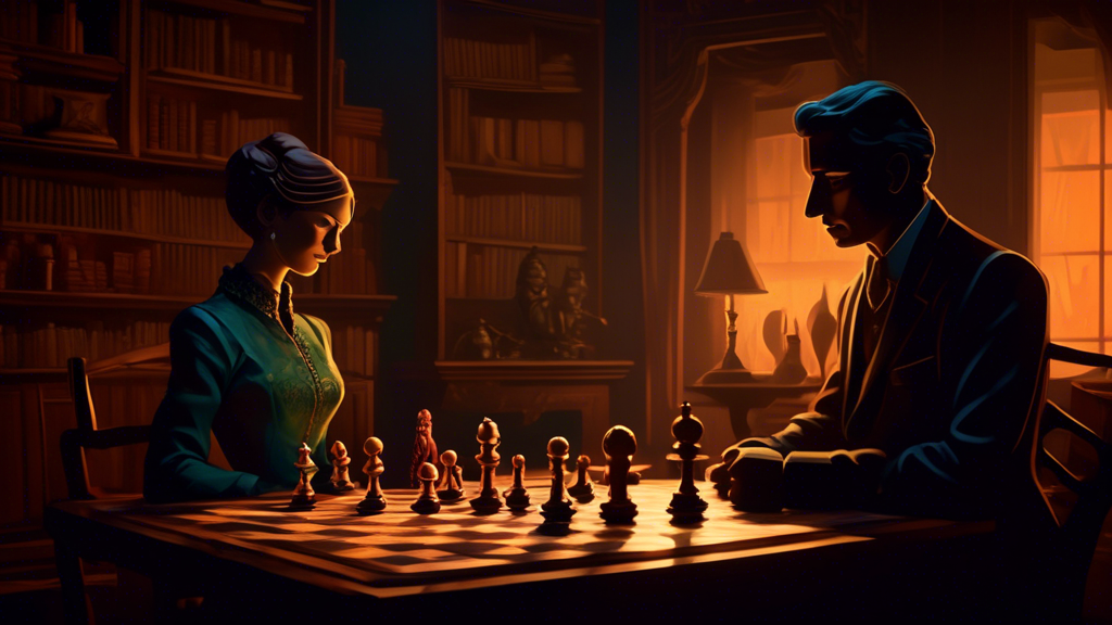 An elegant, dimly lit room with a large wooden table featuring a high-end, intricately carved chess set. In the background, a fireplace softly glows, and a shelf filled with classic literature can be