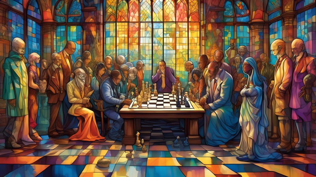 An imaginative and artistic meeting of various chess pieces, each uniquely reflecting human personalities and characteristics, set in a mystical, ethereal library with light filtering through stained