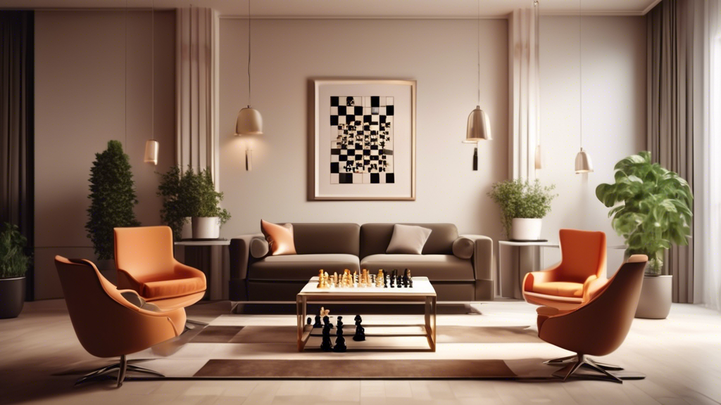 An elegant living room with a large vertical chess board mounted on the wall, featuring a game in progress between two players seated on stylish modern chairs. The surrounding decor is minimalist and
