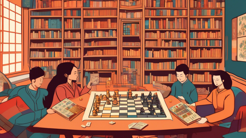 An illustrated guidebook open on a table, displaying pages that compare chess with other strategic board games like shogi, xiangqi, and go, illustrated in a detailed, colorful style. The setting is a