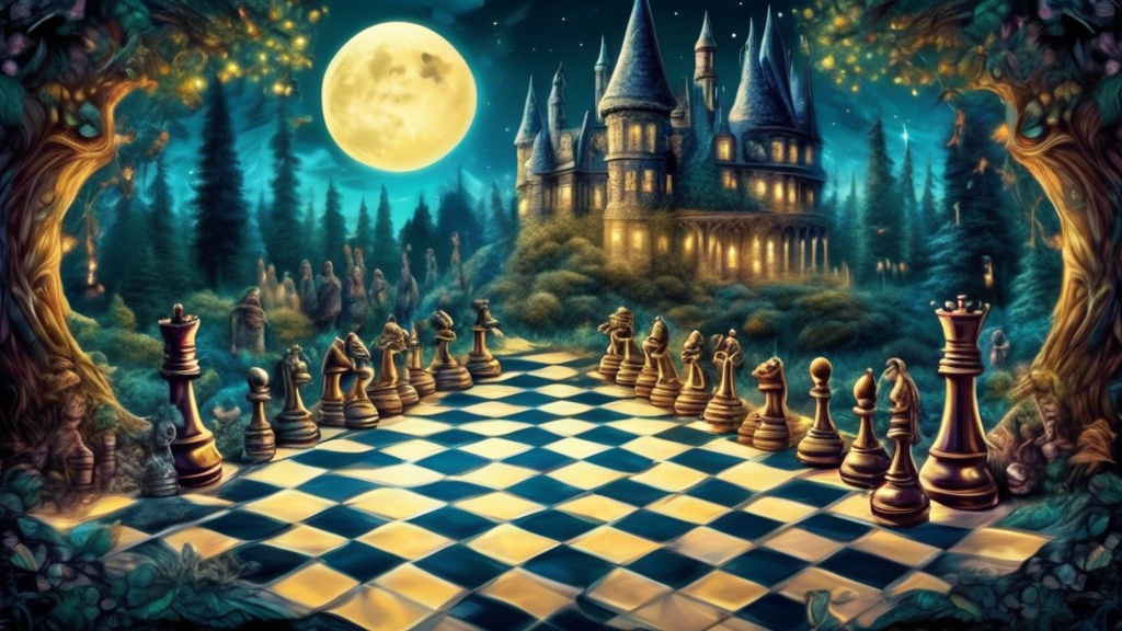 An enchanted forest with a large, ornate chess board set up for a game, each chess piece intricately designed to represent characters and elements from the Harry Potter series, glowing softly under a