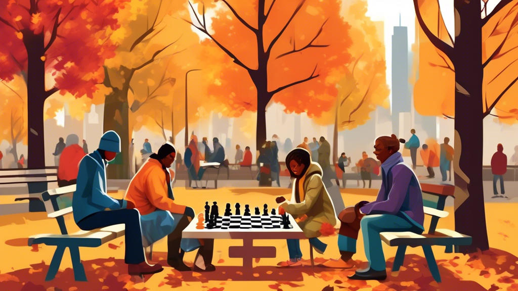 An artistic representation of a cozy outdoor setting in a bustling urban park during autumn, where a diverse group of people of various ages enjoy playing chess on small, portable chess boards spread