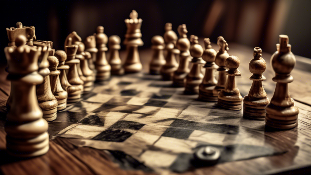 A vintage chess set on a wooden table, highlighted by a soft light with each chess piece meticulously detailed, including a worn-out knight and king that resemble the ones used by Bobby Fischer, with