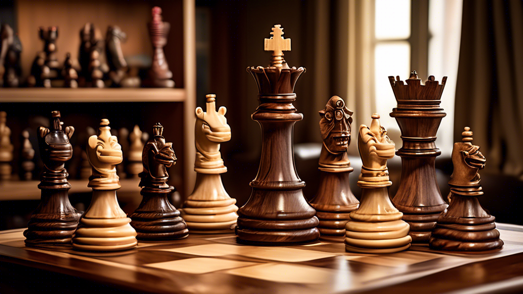 Create an artistic display featuring an array of ornate and beautifully crafted chess sets from top brands, each set on a wooden table under soft, ambient lighting in a cozy, vintage library setting.