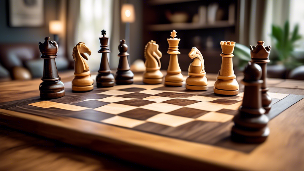 A variety of stylish and affordable chess sets under $100, neatly arranged on a rustic wooden table, each set displaying a unique design, with soft lighting highlighting the craftsmanship and details
