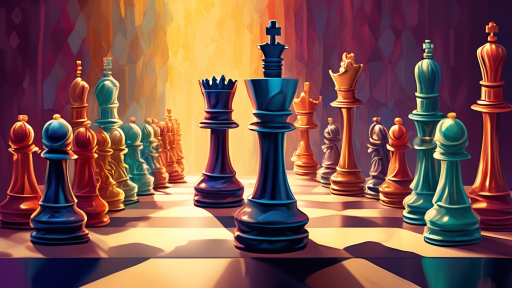 An artistic display of chess pieces ranked by value on a chess board, with the king standing the tallest and most ornate, followed by the queen, rooks, bishops, knights, and pawns, each decreasing in