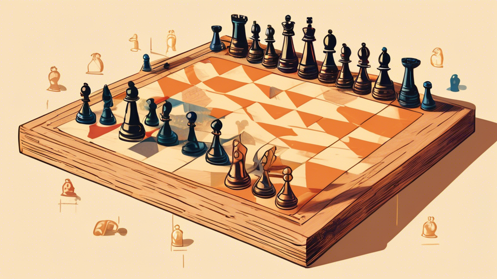 An illustrated guide showing a wooden chessboard being set up by two hands, with each chess piece including pawns, rooks, knights, bishops, queens, and kings being placed in their starting positions,
