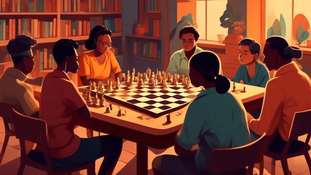 A vintage chessboard set up in the foreground, with a diverse group of people from different ages and ethnic backgrounds thoughtfully observing and discussing the game in a warmly lit, cozy room full