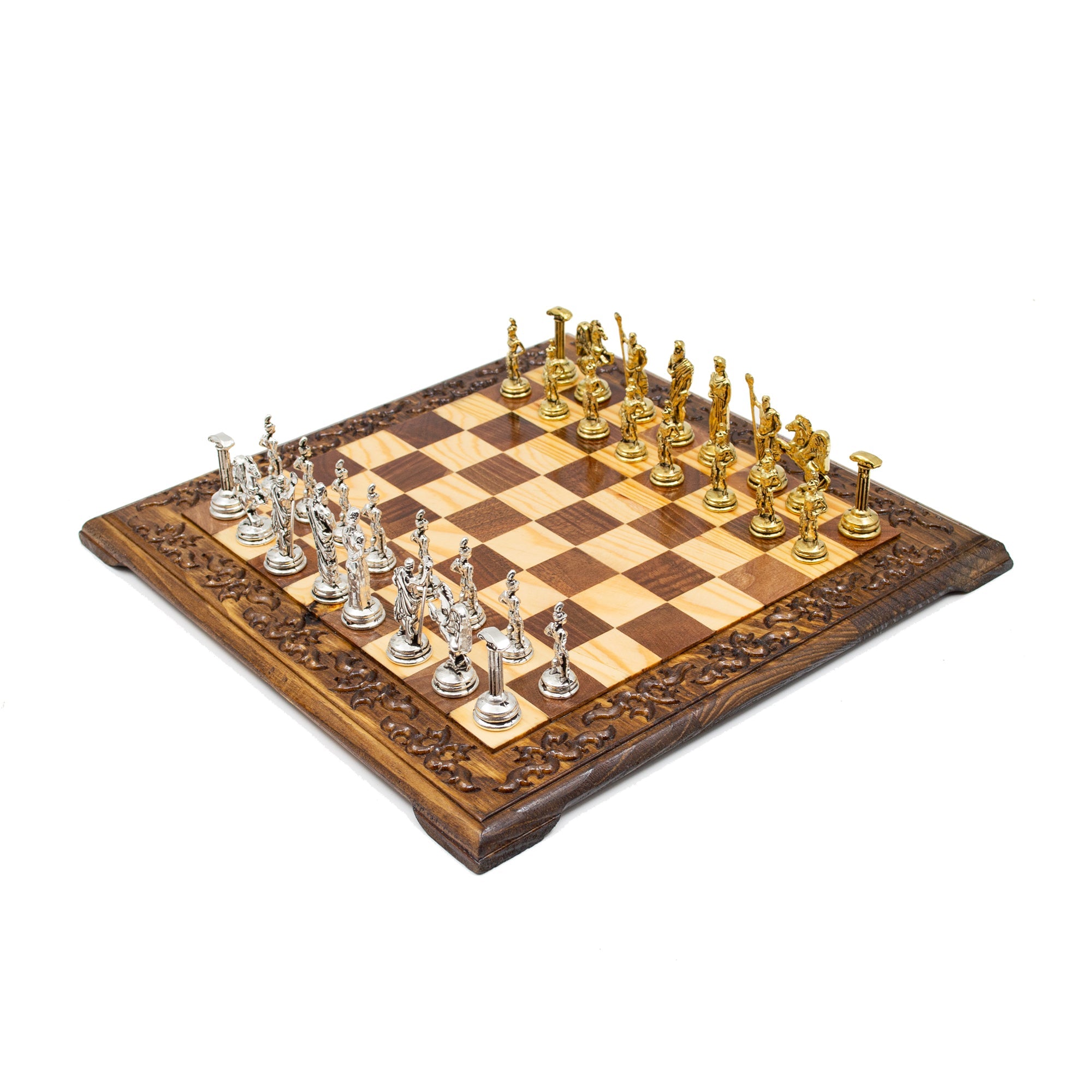 Hand Carved Vintage Walnut Roman Soldiers Army Themed Chess Set