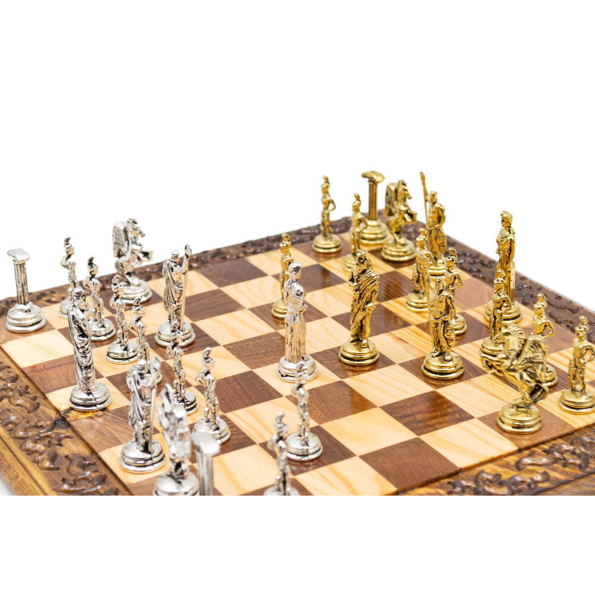Hand Carved Vintage Walnut Roman Soldiers Army Themed Chess Set