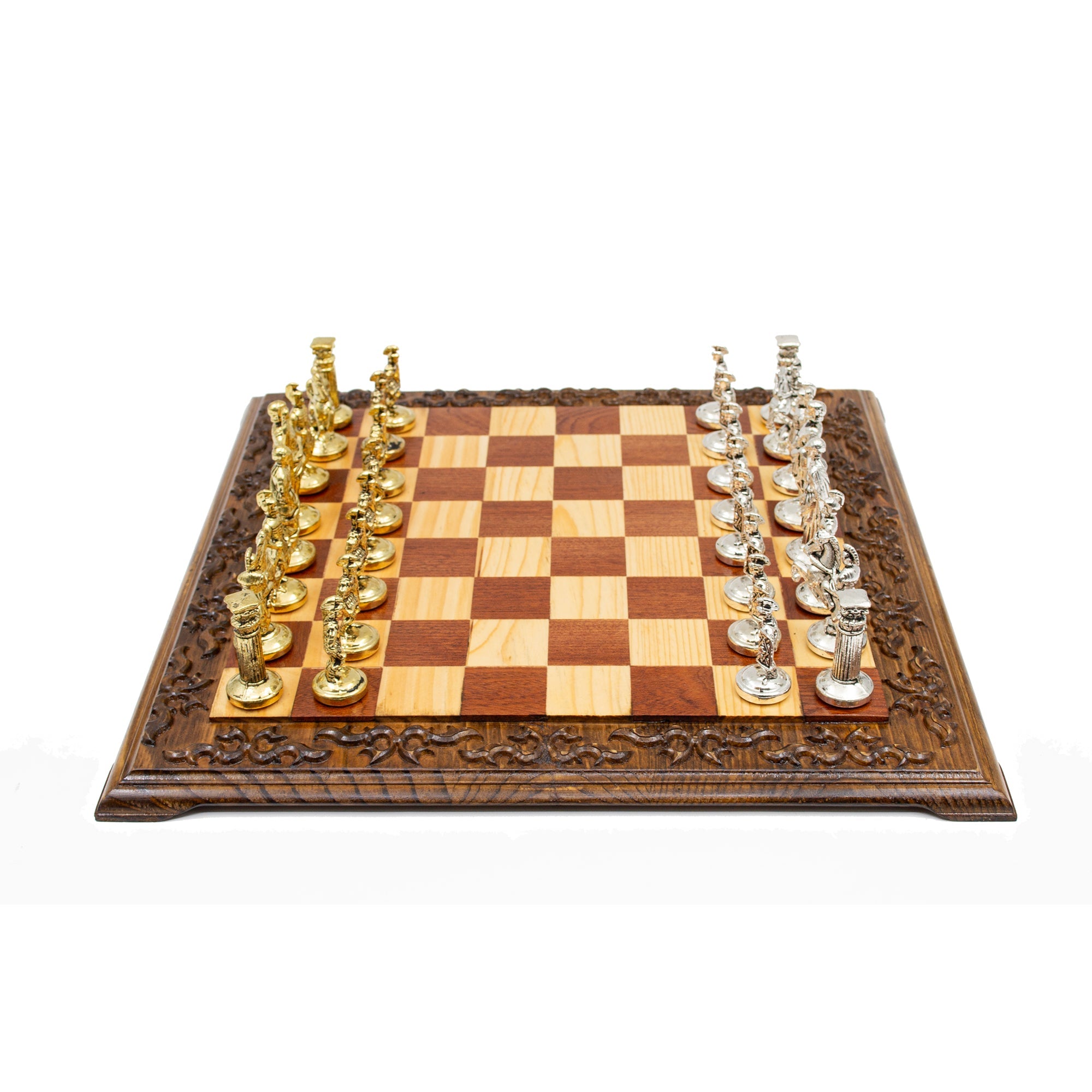 Hand Carved Vintage Walnut Roman Soldiers Army Themed Chess Set