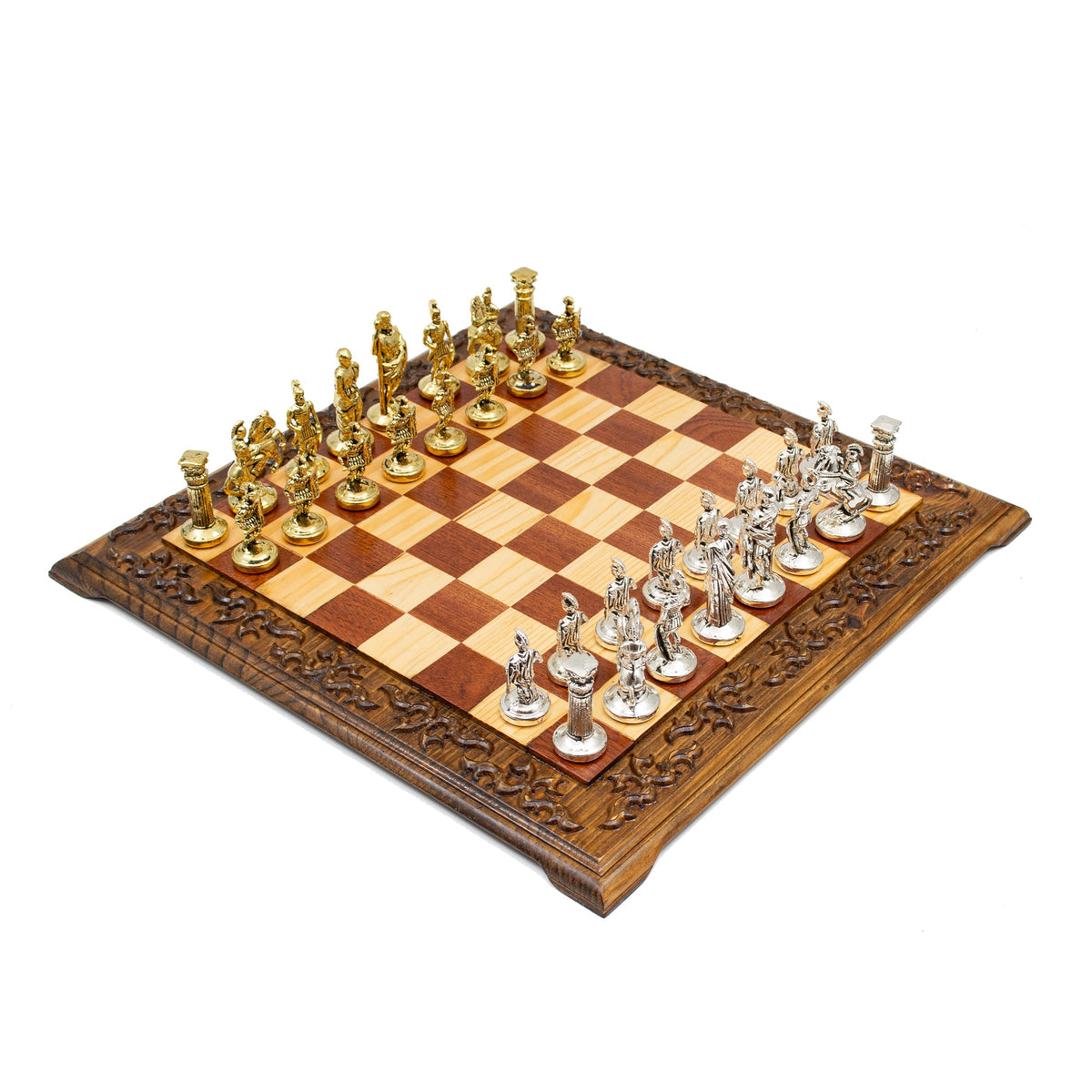 Hand Carved Vintage Walnut Roman Soldiers Army Themed Chess Set