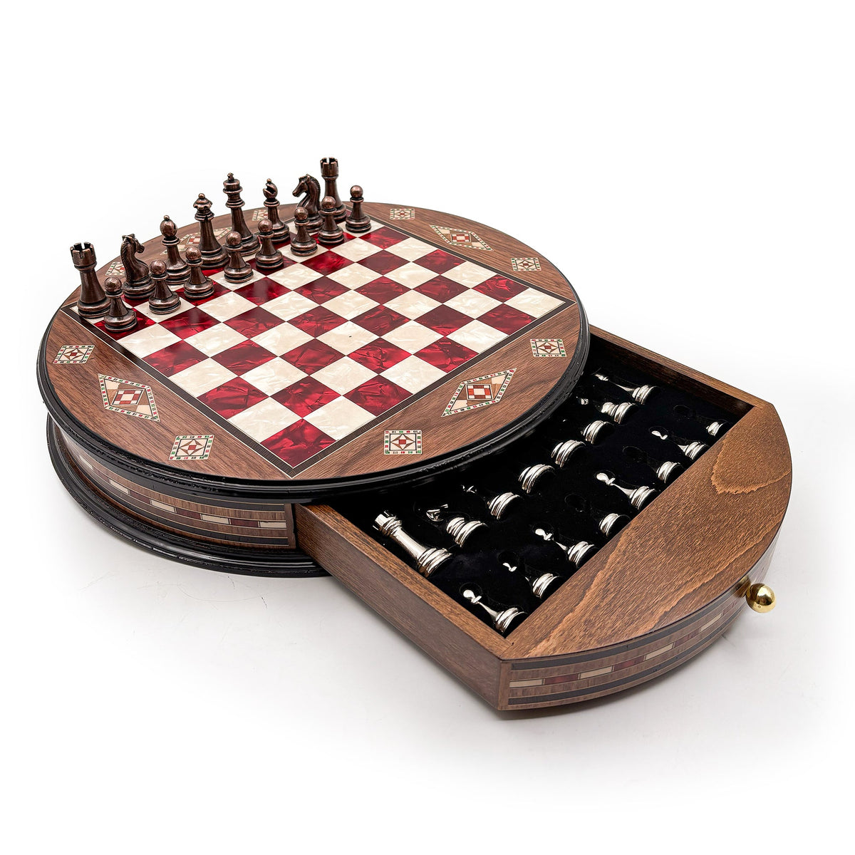 Luxury Round Rosewood & Walnut Chess Set With Metal Pieces My Chess Sets