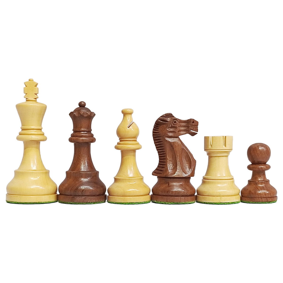 Classic Staunton chess pieces in dark rosewood and light boxwood, showcasing king, queen, bishop, knight, rook, and pawn.