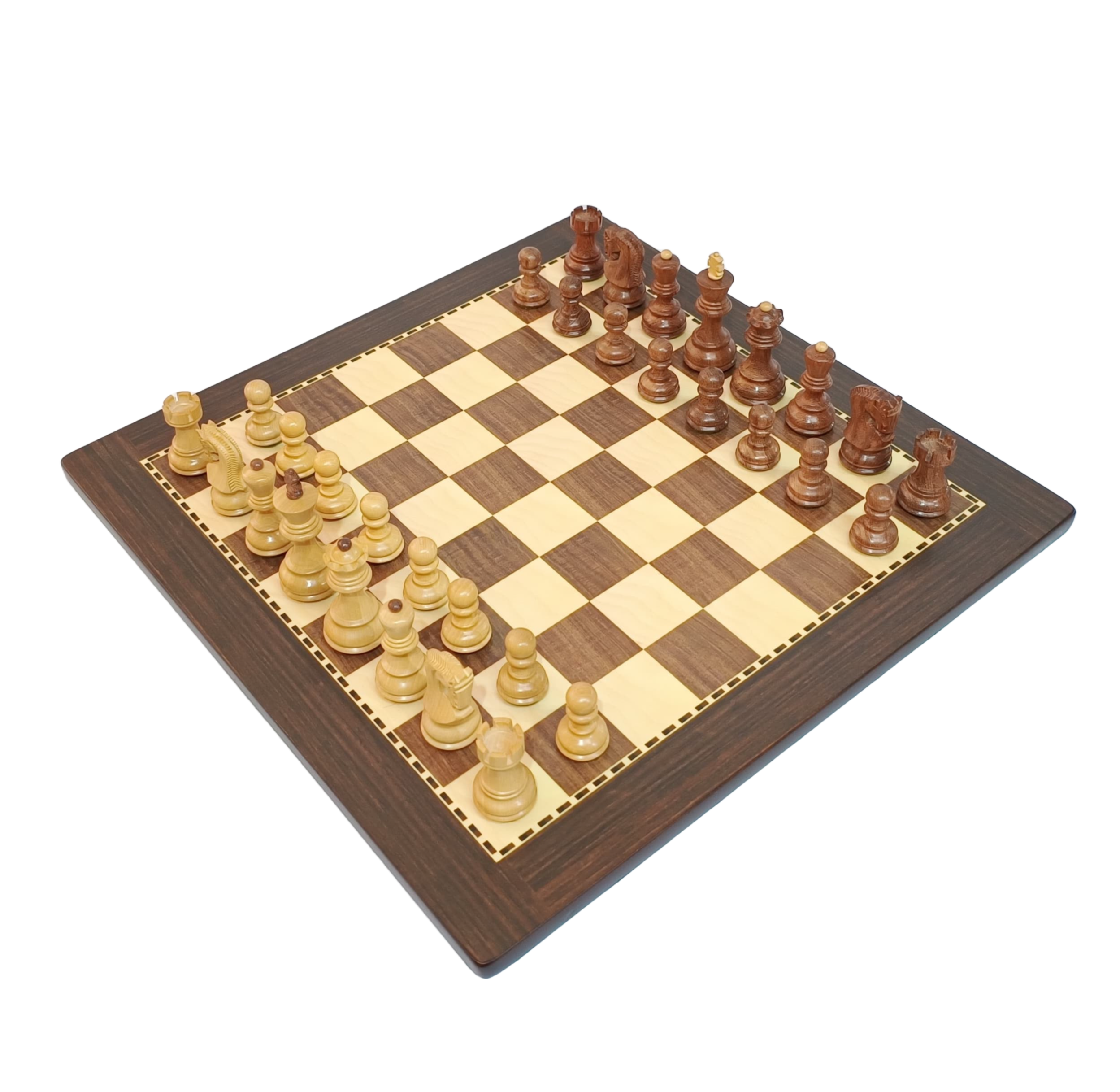 Handcrafted Russian Zagreb Wooden Chess Set on an MDF board, featuring brown and cream pieces arranged for play.