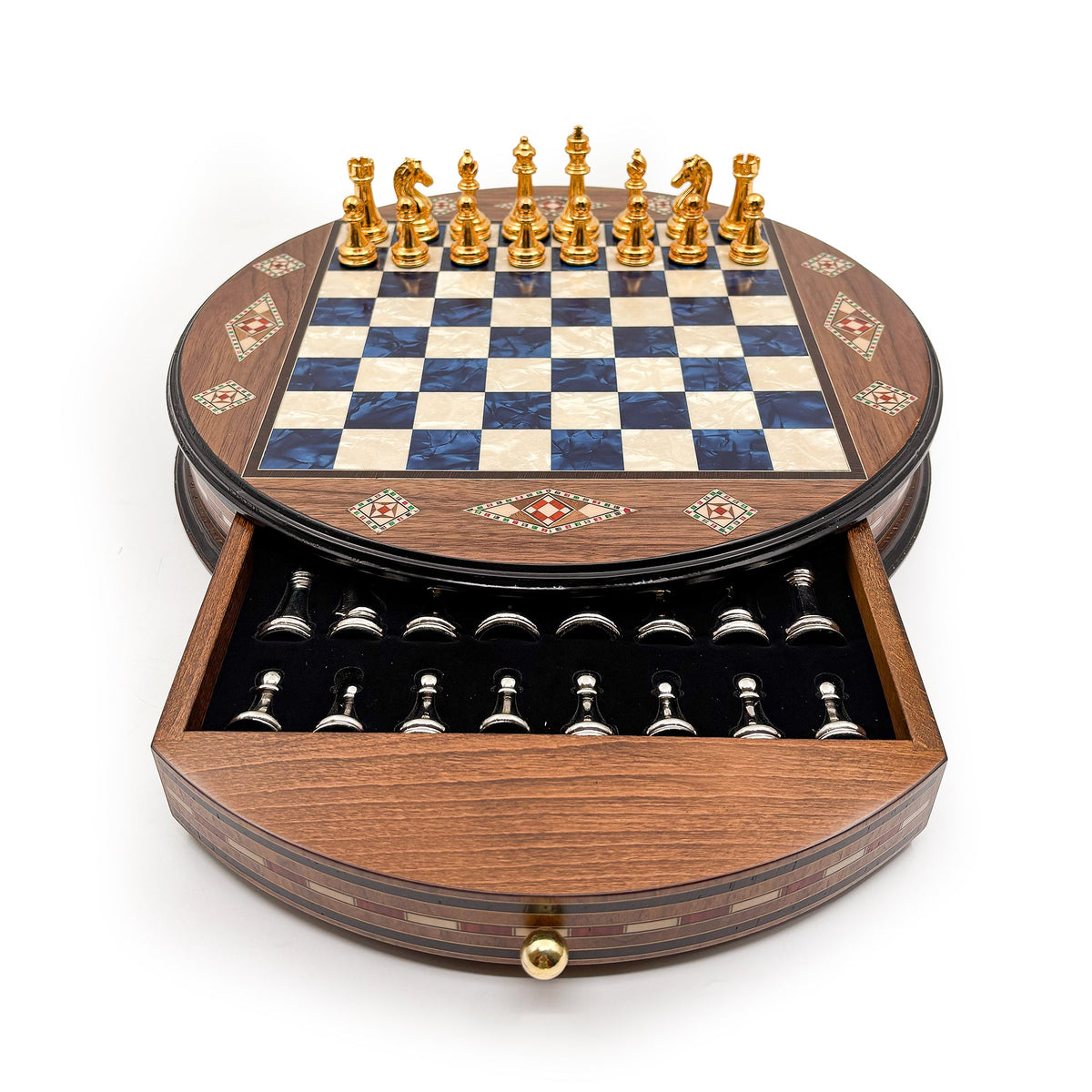 Luxury Round Rosewood & Walnut Chess Set With Metal Pieces My Chess Sets