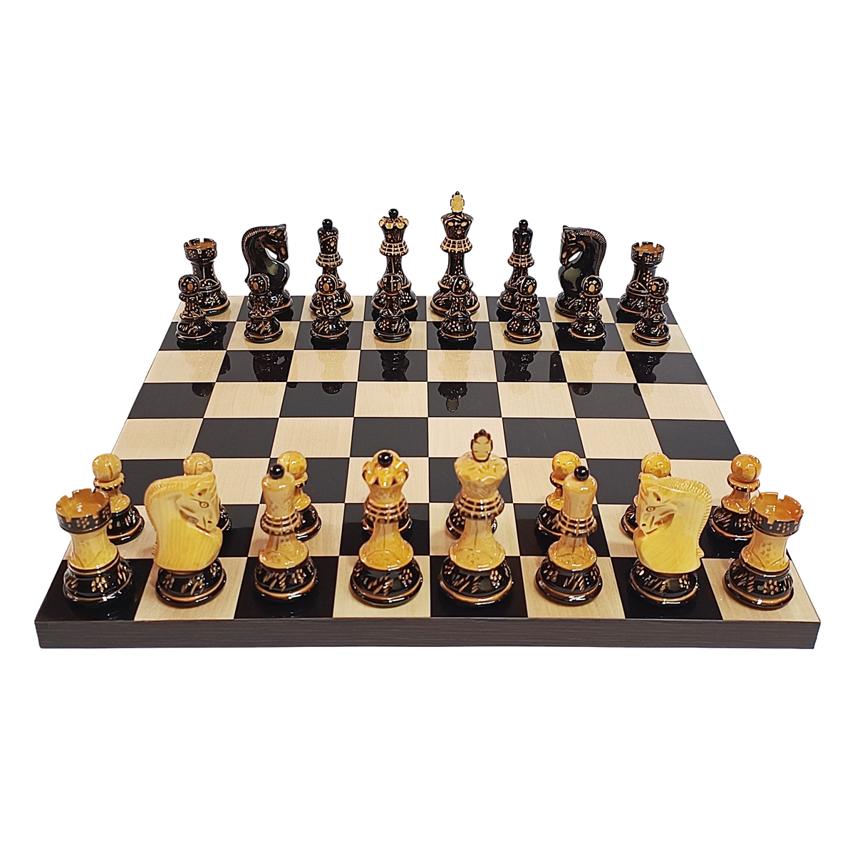 Russian Zagreb Burnt Hand-Carved Chess Set (3.9″ King) with 16″ Ebony & Maple Luxury Board – 50mm Squares My Chess Sets