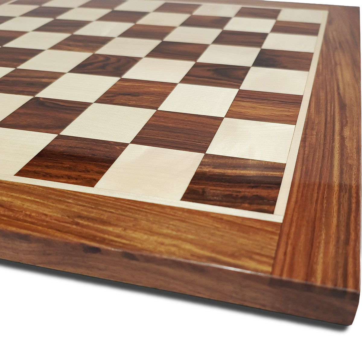 Luxurious handcrafted wooden chess board with a classic checkered design in golden rosewood and maplewood.