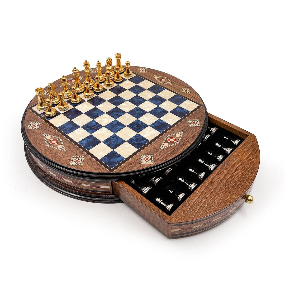 Luxury Round Rosewood & Walnut Chess Set With Metal Pieces My Chess Sets