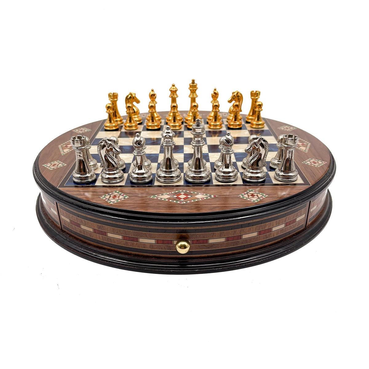 Luxury Round Rosewood & Walnut Chess Set With Metal Pieces My Chess Sets