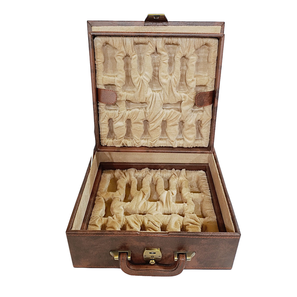 Open luxurious wooden chess box with plush interior, featuring slots to neatly store professional Staunton chess pieces.