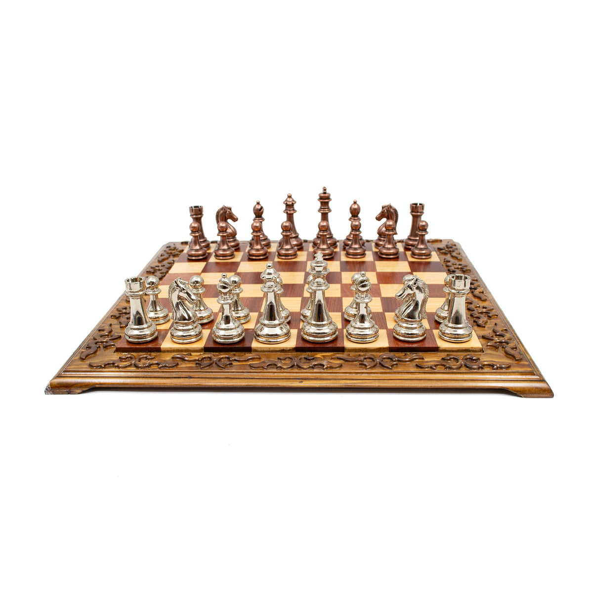 Hand Carved Walnut Luxury Chess Set with Classic Metal Chess Pieces