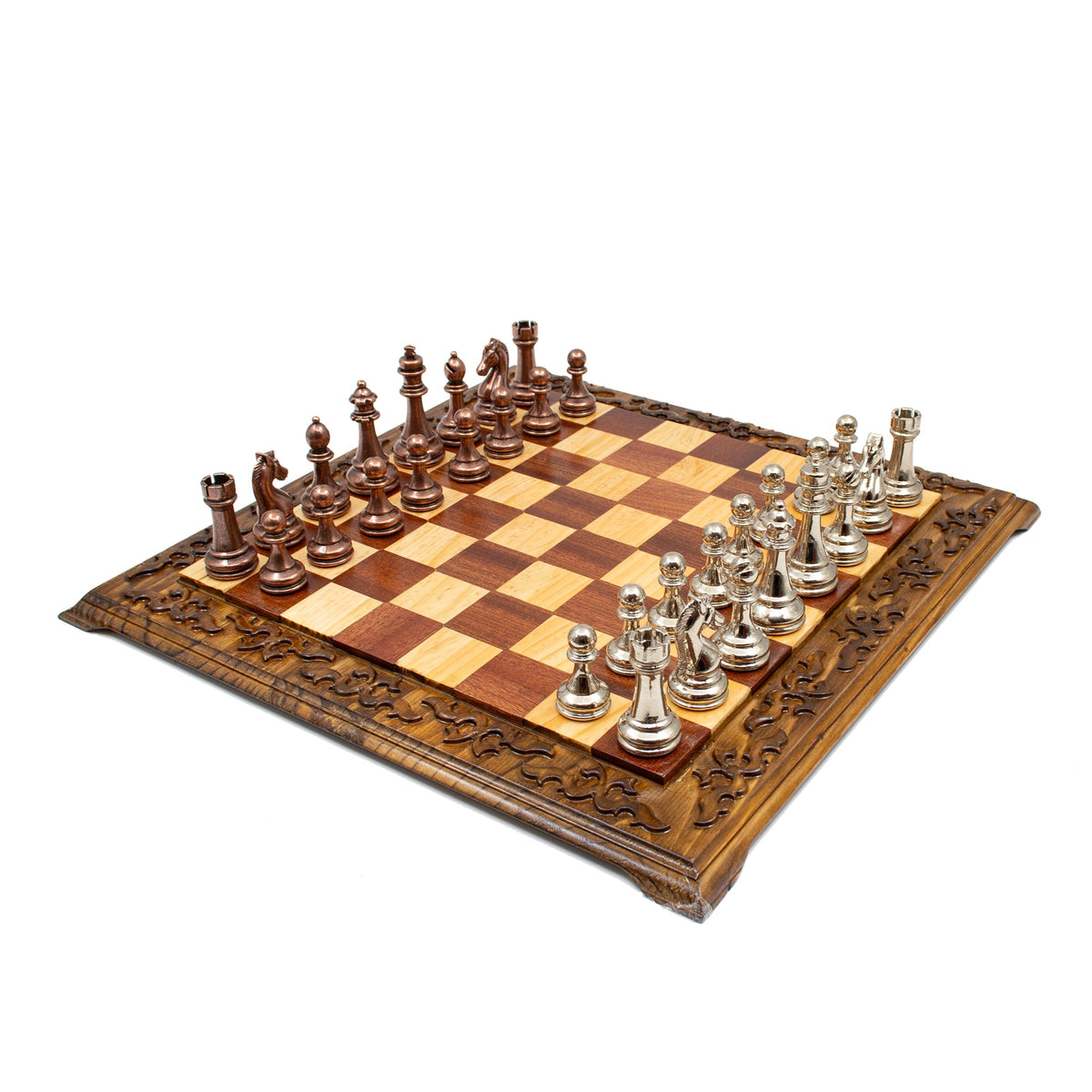 Hand Carved Walnut Luxury Chess Set with Classic Metal Chess Pieces