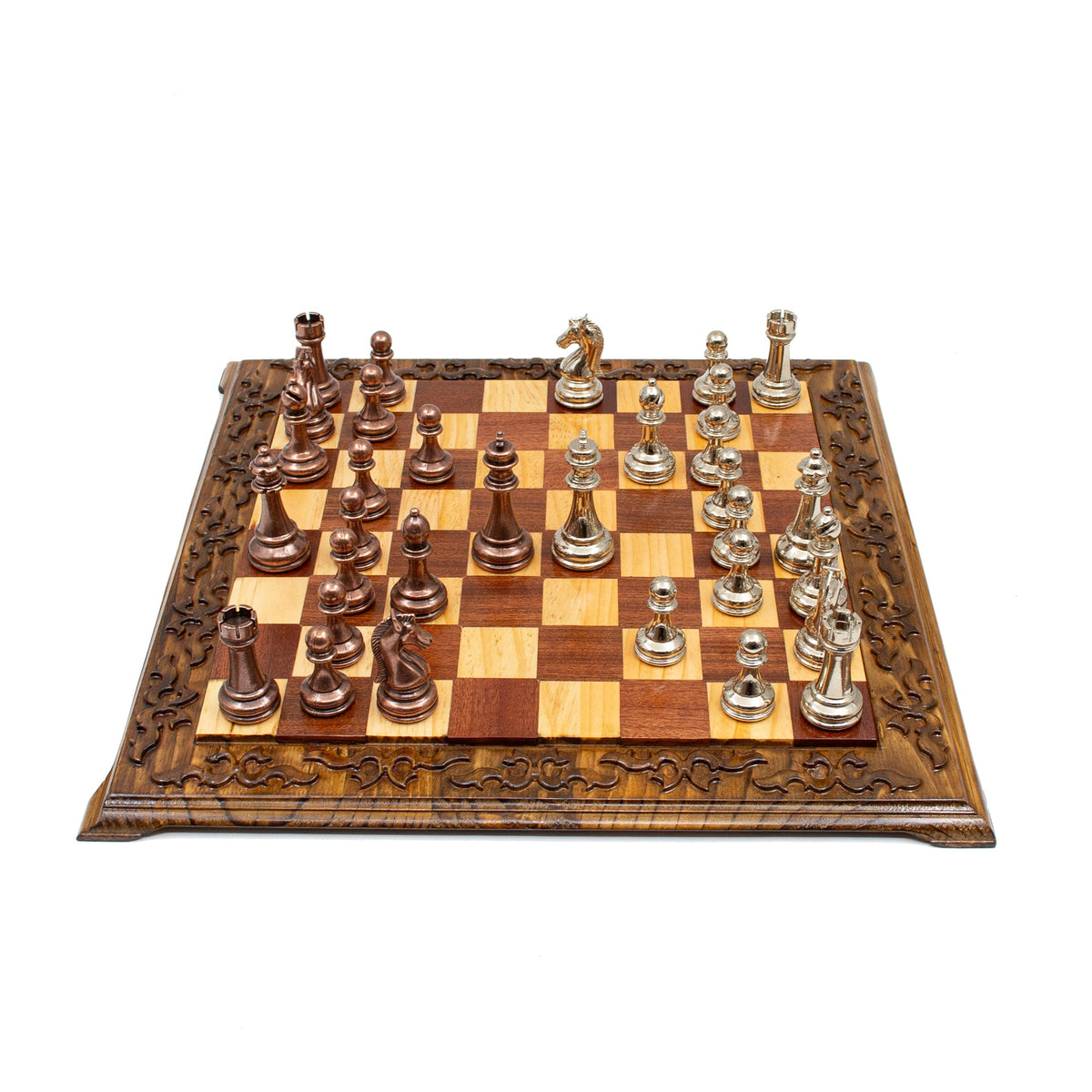 Hand Carved Walnut Luxury Chess Set with Classic Metal Chess Pieces