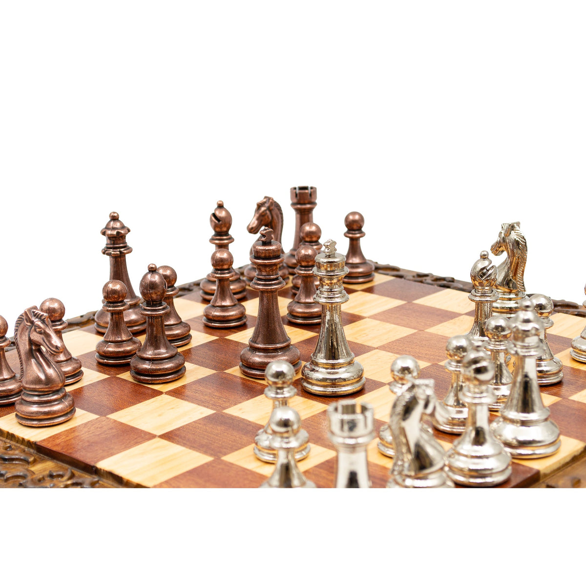 Hand Carved Walnut Luxury Chess Set with Classic Metal Chess Pieces
