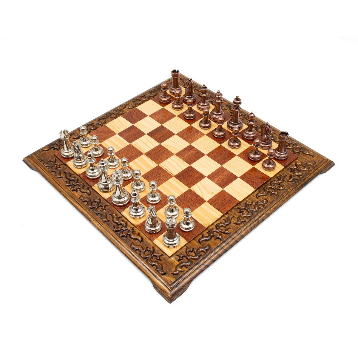 Hand Carved Walnut Luxury Chess Set with Classic Metal Chess Pieces