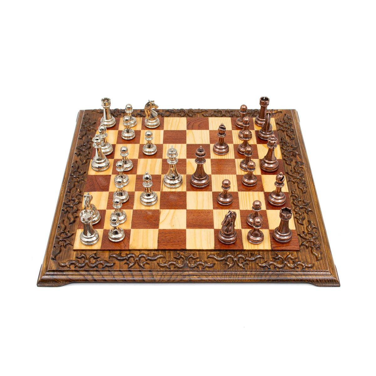 Hand Carved Walnut Luxury Chess Set with Classic Metal Chess Pieces