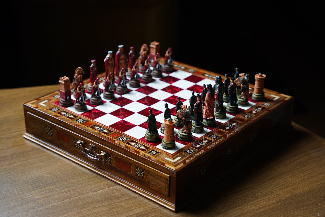 Luxury Wooden Camelot Themed Chess Set With Storage Units