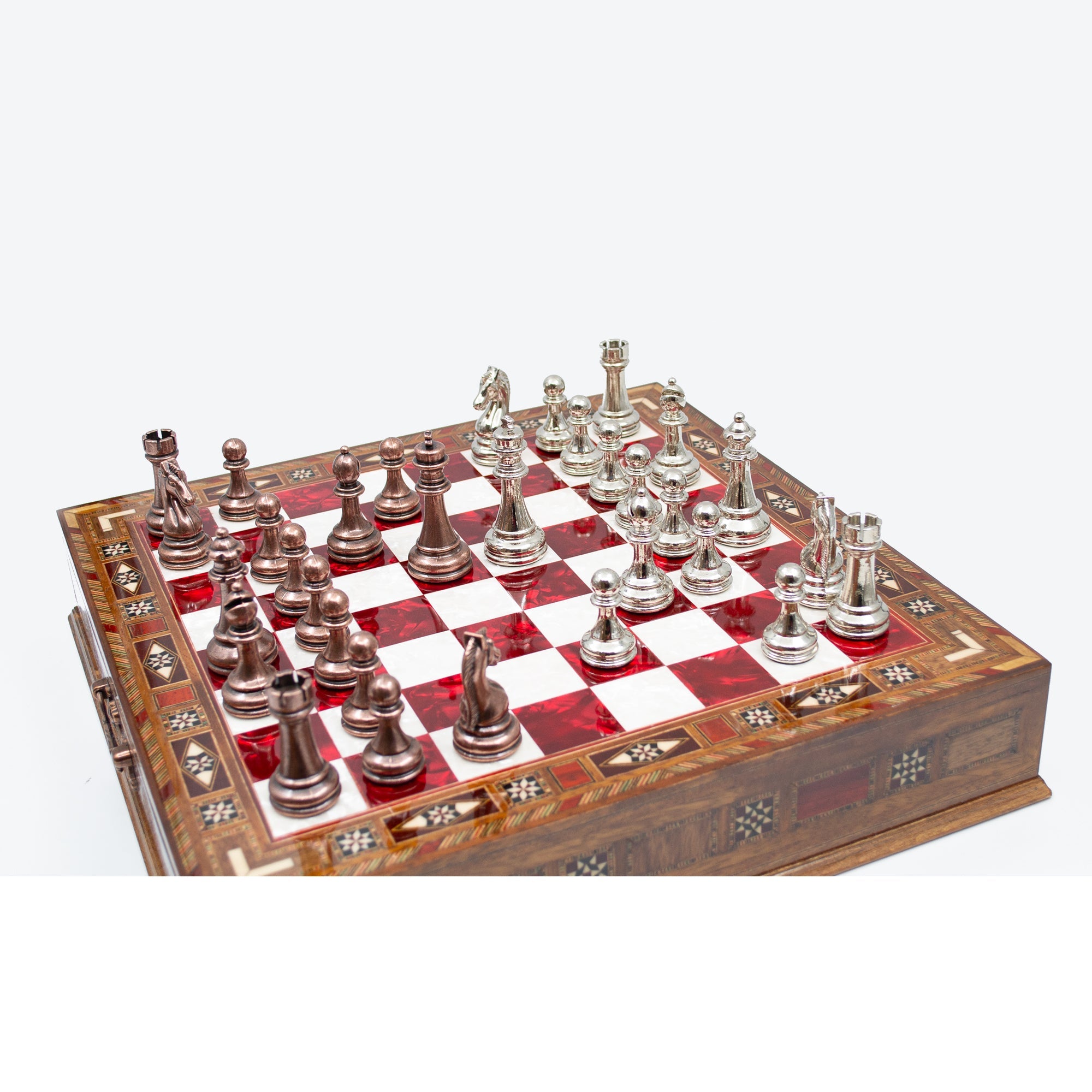Luxury Wooden Chess Set With Storage Units - Copper And Silver Metal Chess Pieces (Red Chess Board)