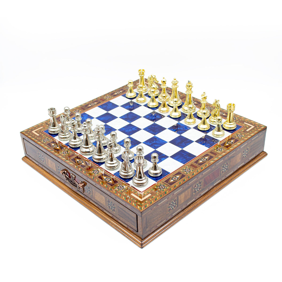Luxury Wooden Chess Set With Storage Units - Gold And Silver Metal Chess Pieces (Blue Chess Board)