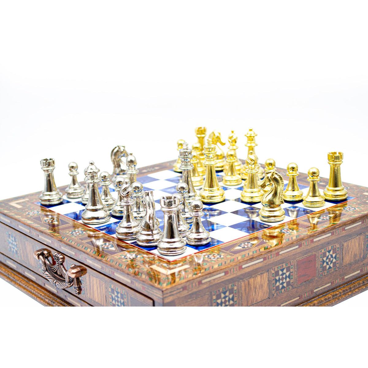 Luxury Wooden Chess Set With Storage Units - Gold And Silver Metal Chess Pieces (Blue Chess Board)