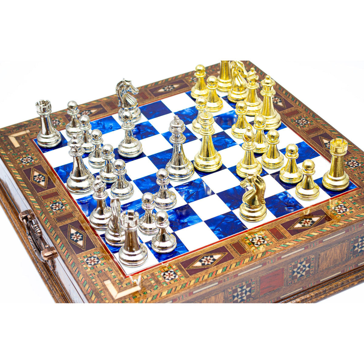 Luxury Wooden Chess Set With Storage Units - Gold And Silver Metal Chess Pieces (Blue Chess Board)