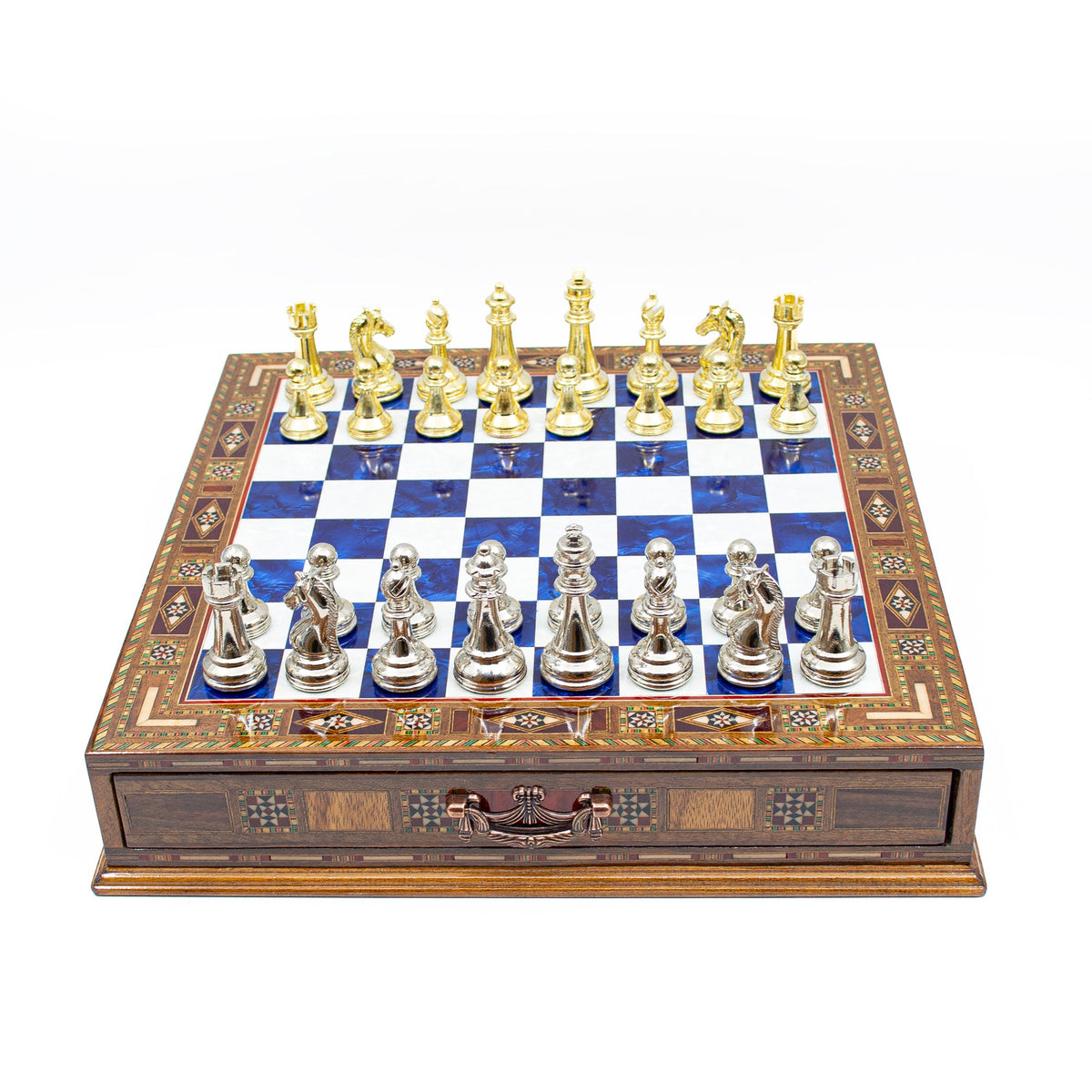 Luxury Wooden Chess Set With Storage Units - Gold And Silver Metal Chess Pieces (Blue Chess Board)
